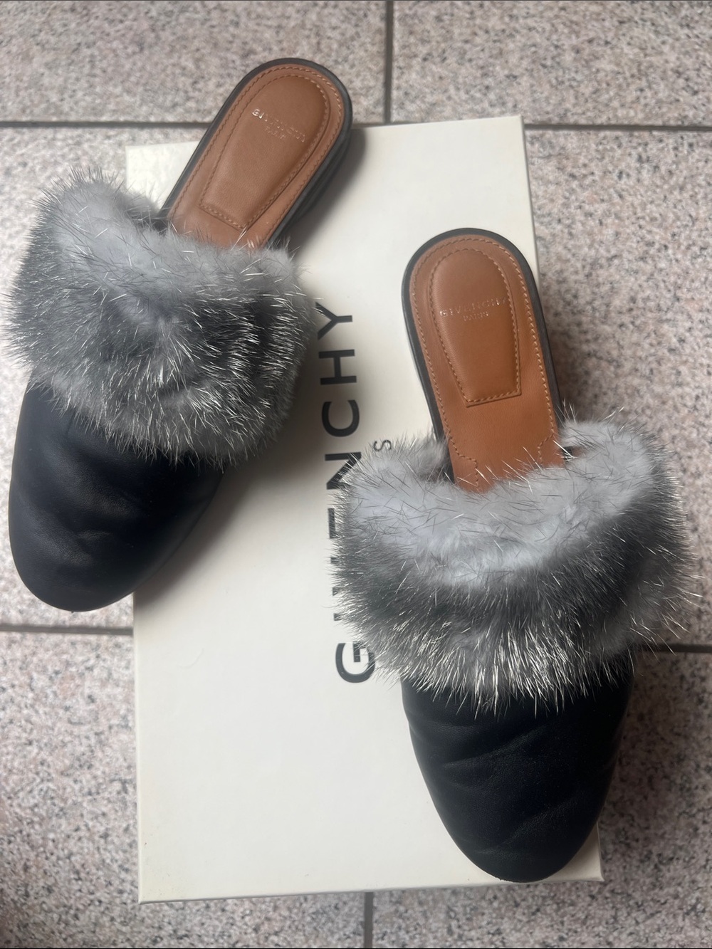 Givenchy Black Leather Slip-On Mules with Gray real mink Fur Trim